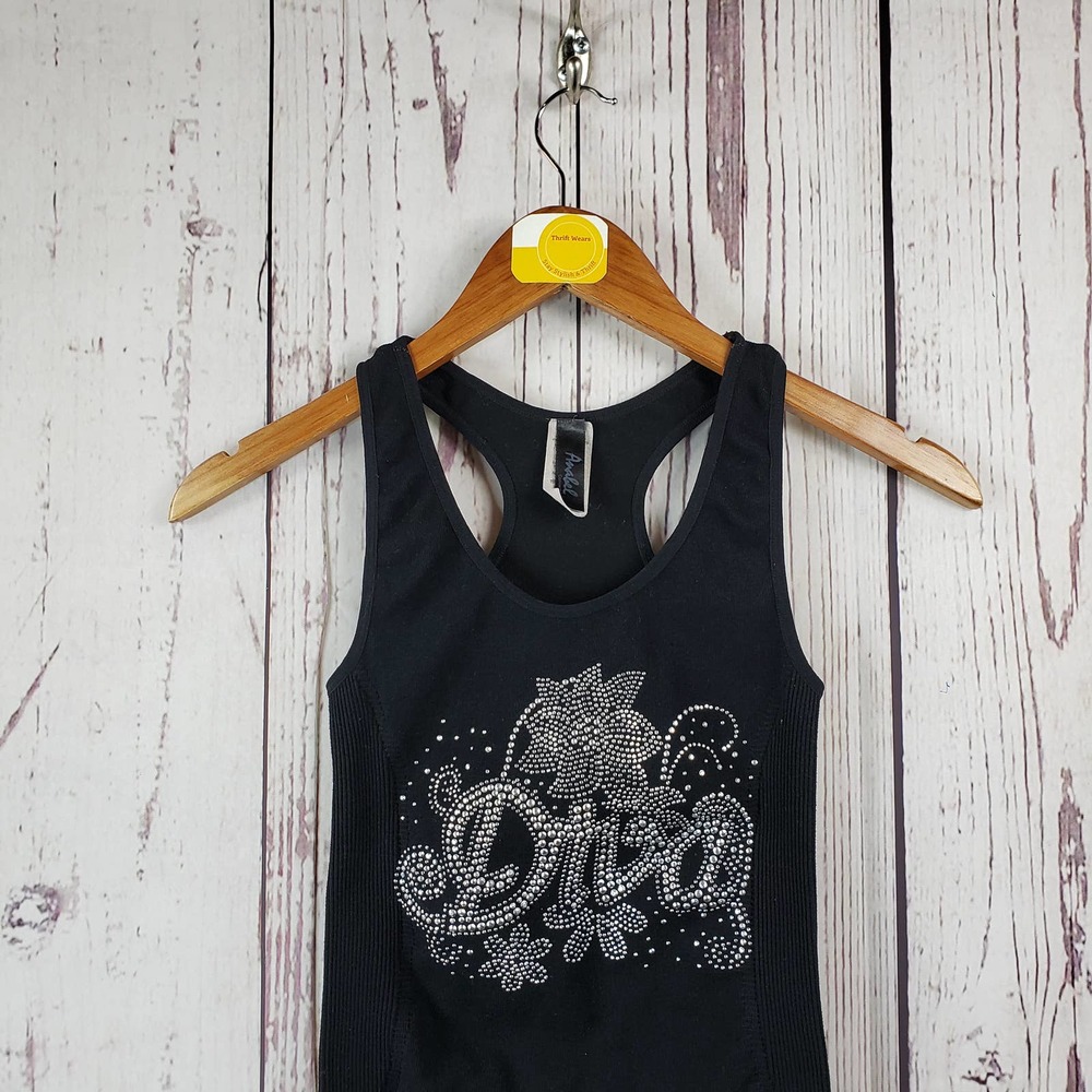 Anabel Rhinestone Tank Top Womens Size XS/Sm Floral Racerback Stretch Black